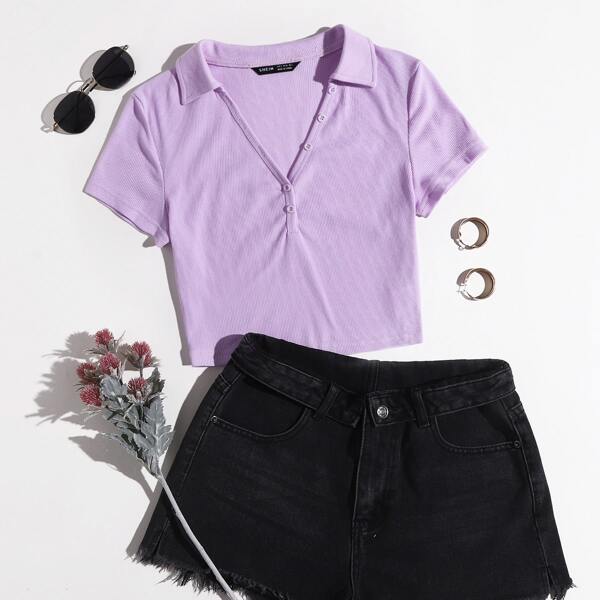 

Button Half Placket Tee, Lilac purple
