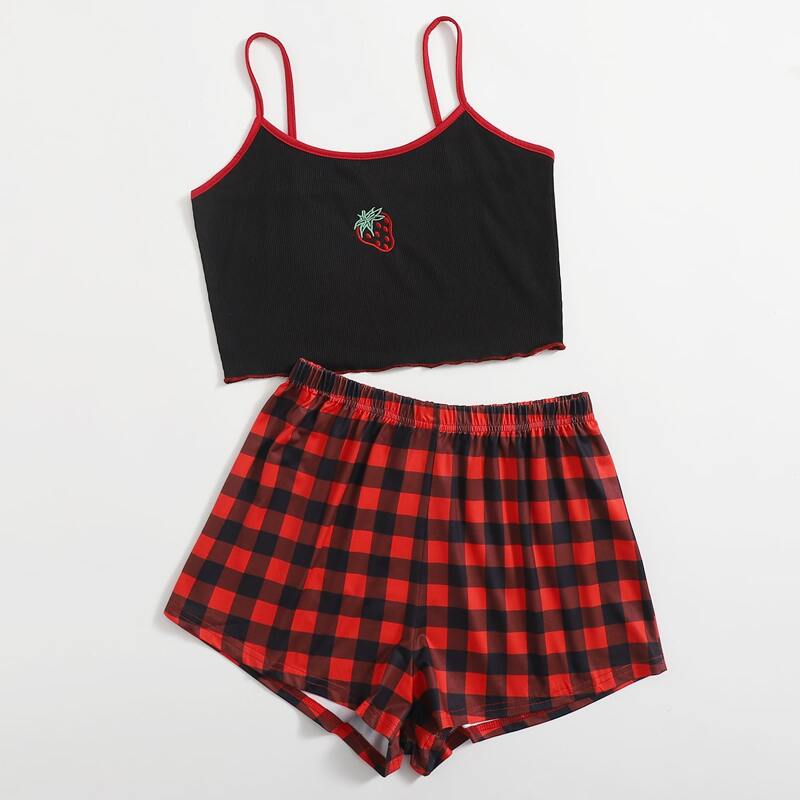 

Strawberry Embroidery Plaid Pajama Set, Multicolor