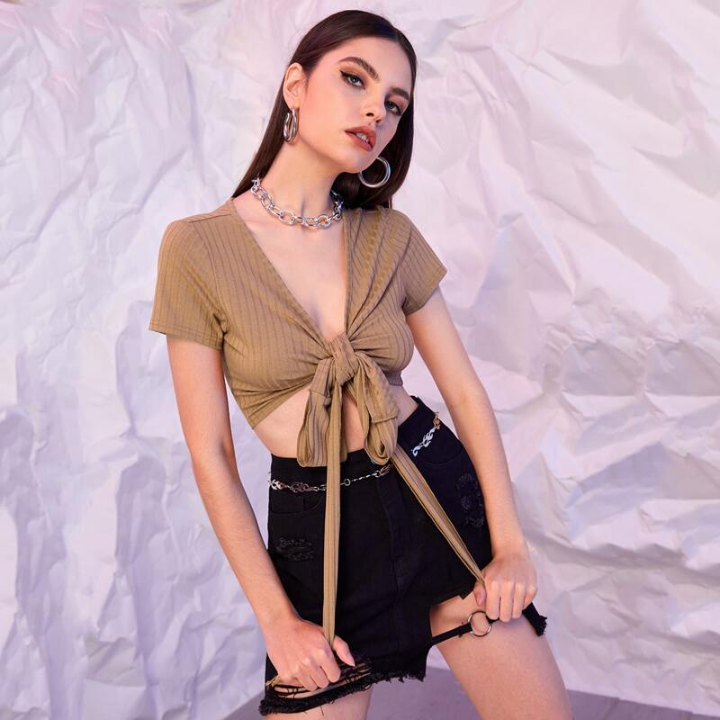 

Solid Ribbed Tie Front Crop Top, Brown