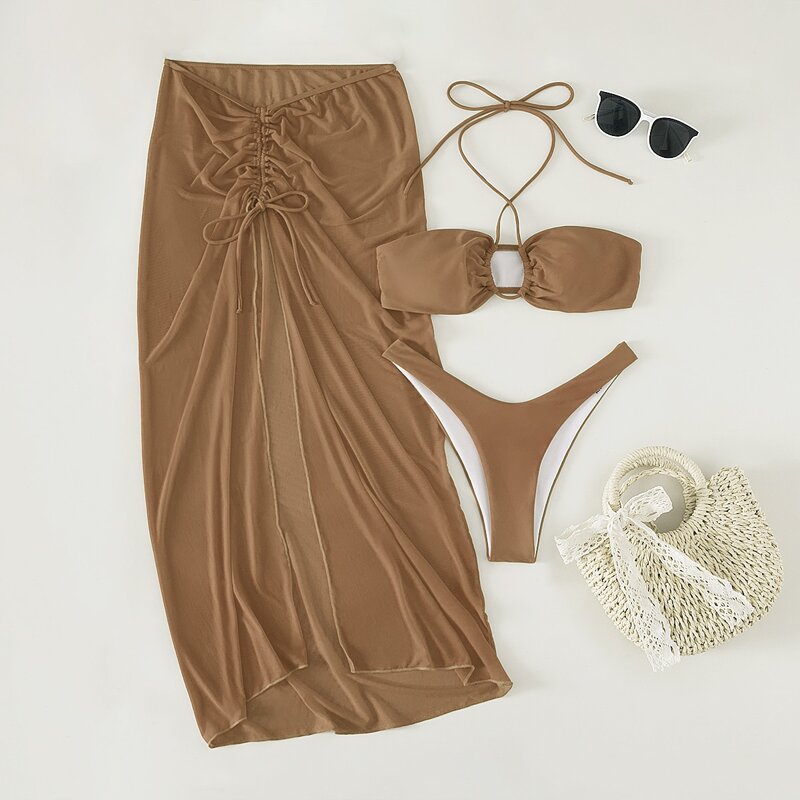 

3pack High Cut Bikini Swimsuit & Beach Skirt, Coffee brown