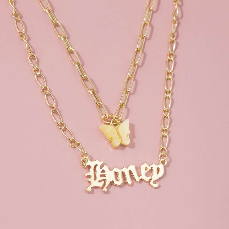 

Butterfly & Letter Layered Necklace, Hot pink