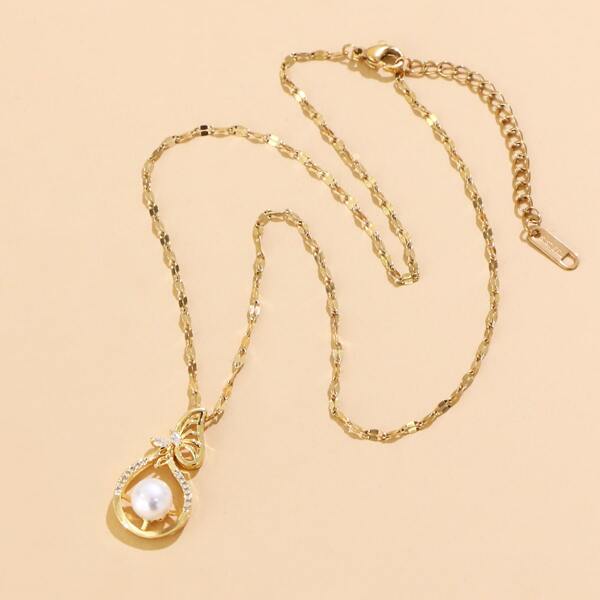 

Faux Pearl & Zircon Decor Necklace, Gold