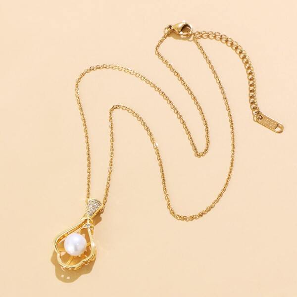 

Faux Pearl & Zircon Decor Necklace, Gold