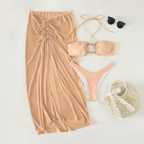 

3pack High Cut Bikini Swimsuit & Beach Skirt, Baby pink