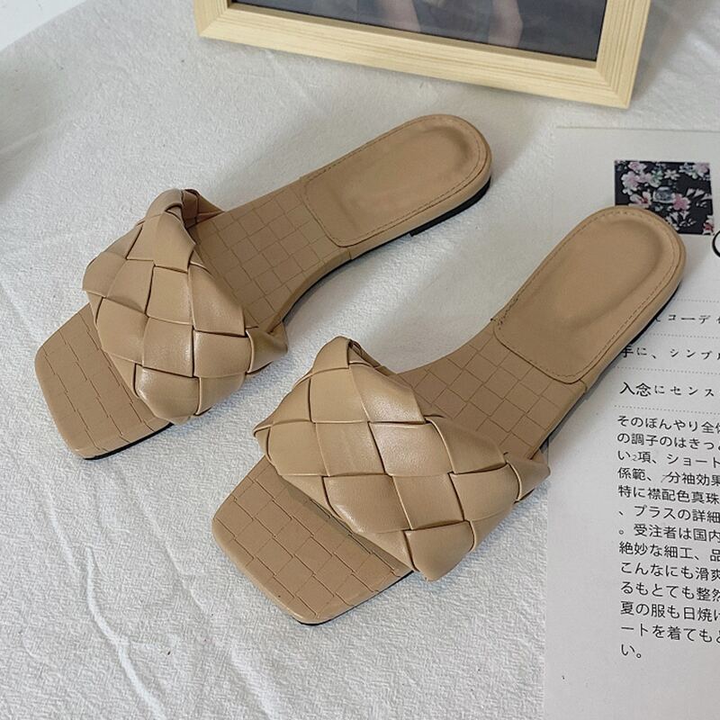 

Weave Wide Band Slide Sandals, Khaki