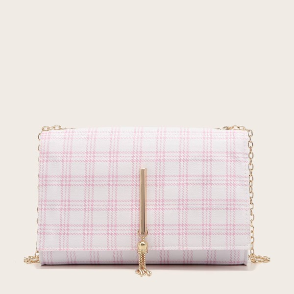 

Metal Tassel Decor Plaid Crossbody Bag, Baby pink