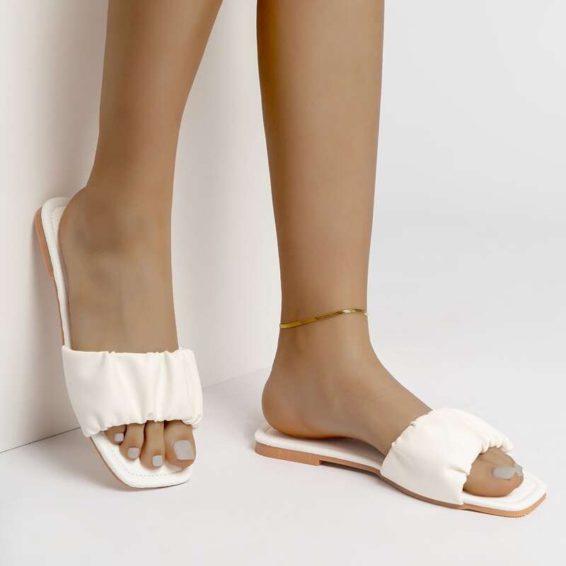 

Ruched Wide Band Slide Sandals, White