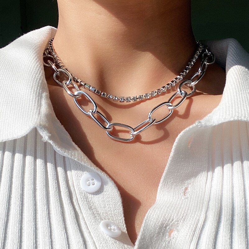 

Rhinestone Chain Layered Necklace, Silver