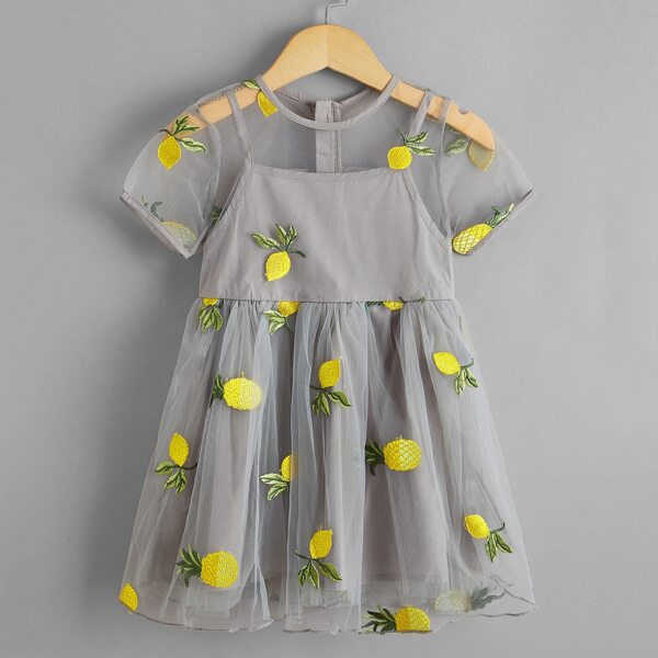 

Toddler Girls Fruit Embroidery Mesh Overlay Smock Dress, Grey
