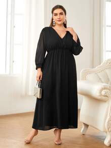 Plus Solid Surplice Neck A-line Dress