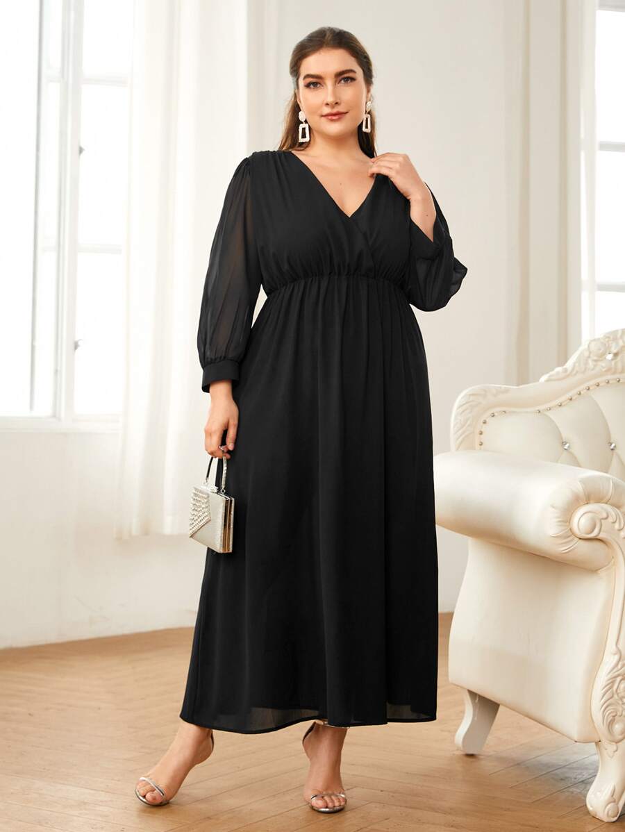 Plus Solid Surplice Neck A-line Dress