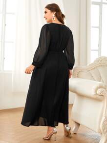 Plus Solid Surplice Neck A-line Dress