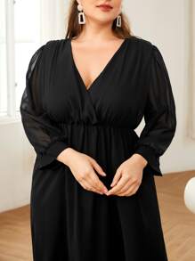 Plus Solid Surplice Neck A-line Dress