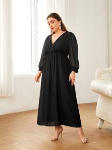 Plus Solid Surplice Neck A-line Dress