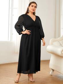 Plus Solid Surplice Neck A-line Dress