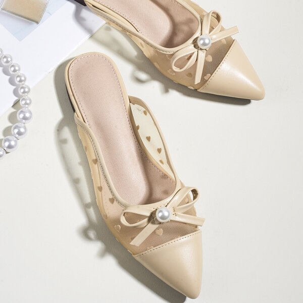 

Bow Decor Mesh Panel Flat Mules, Khaki
