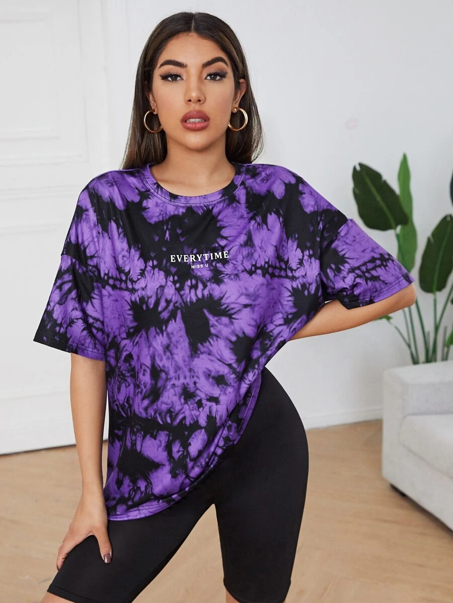 SHEIN EZwear Loose Drop Shoulder Letter Graphic Tie Dye Tee - Multicolor - View 1