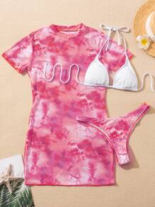 Swim Mod Summer Beach 3packs Triangle Bikini & Mesh Cover Up - Pink - View 1