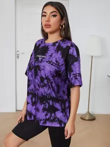 SHEIN EZwear Loose Drop Shoulder Letter Graphic Tie Dye Tee - Multicolor - View 3