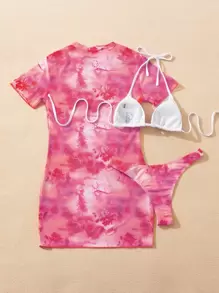 Swim Mod Summer Beach 3packs Triangle Bikini & Mesh Cover Up - Pink - View 2