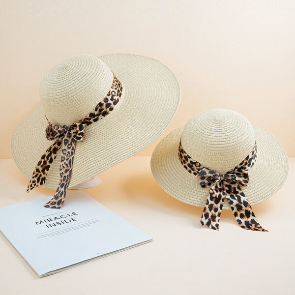 

2pcs Girls Bow Knot Decor Straw Hat, Beige