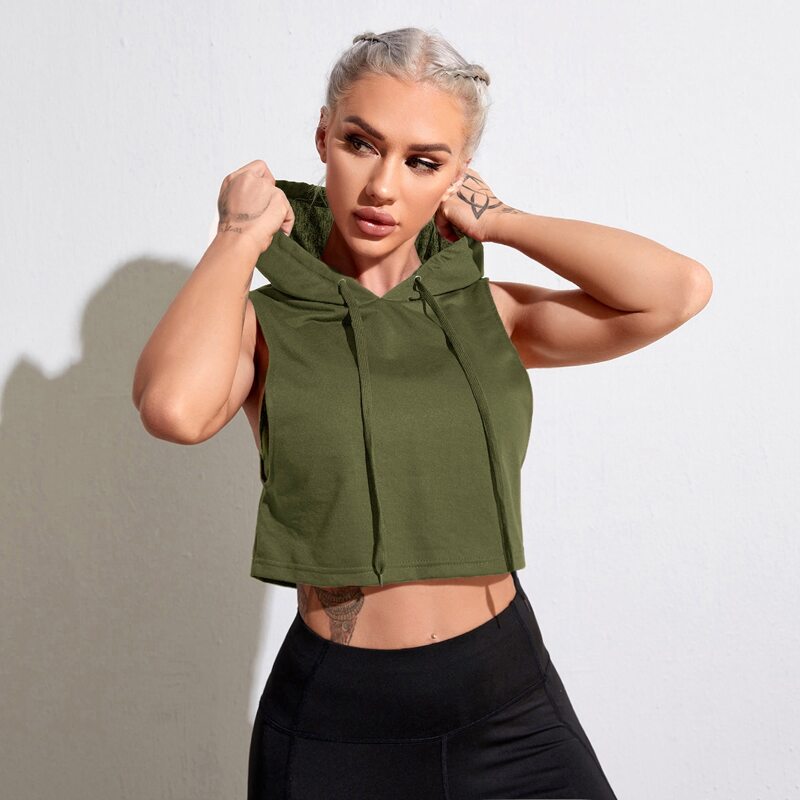 

Drawstring Sleeveless Hooded Sports Sweatshirt, Army green