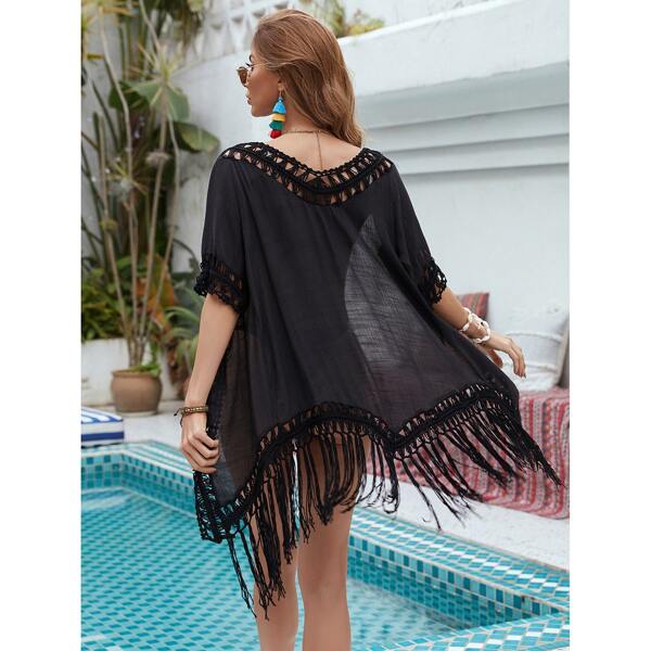 

Fringe Hem Tie Front Kimono, Black