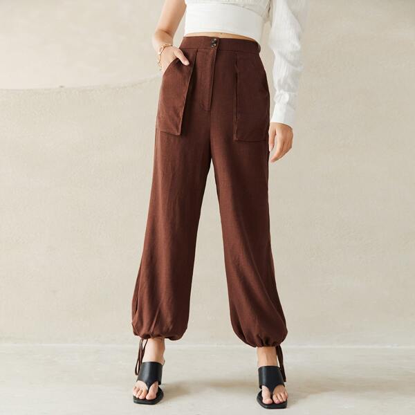 

Solid Pocket Side Drawstring Hem Pants, Chocolate brown
