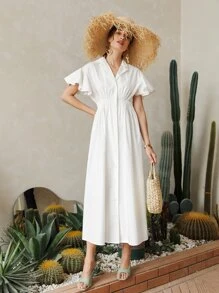 SHEIN 翻領蝴蝶袖打褶襯衫洋裝