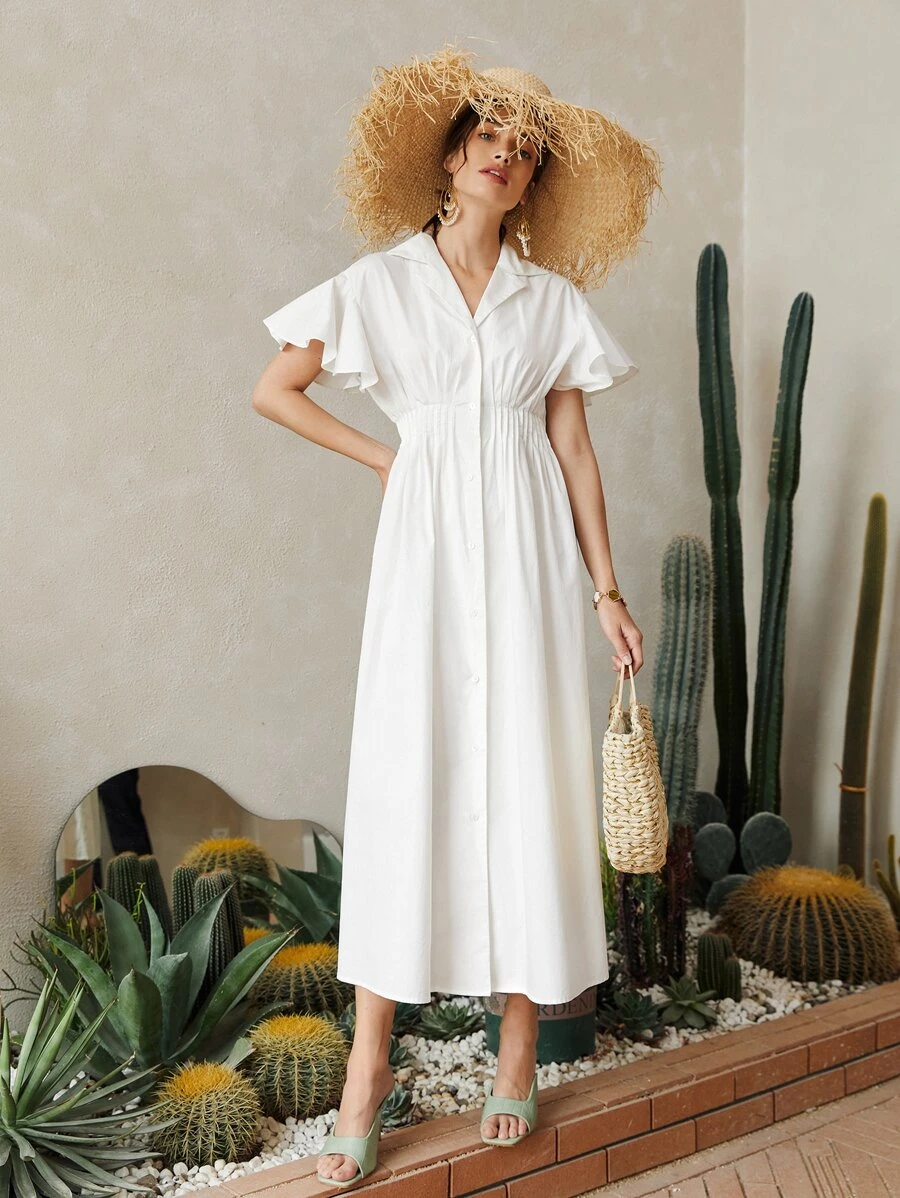 SHEIN 翻領蝴蝶袖打褶襯衫洋裝