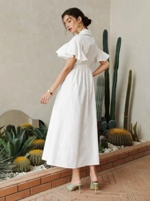 SHEIN 翻領蝴蝶袖打褶襯衫洋裝