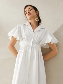 SHEIN 翻領蝴蝶袖打褶襯衫洋裝