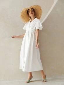 SHEIN 翻領蝴蝶袖打褶襯衫洋裝