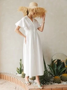 SHEIN 翻領蝴蝶袖打褶襯衫洋裝