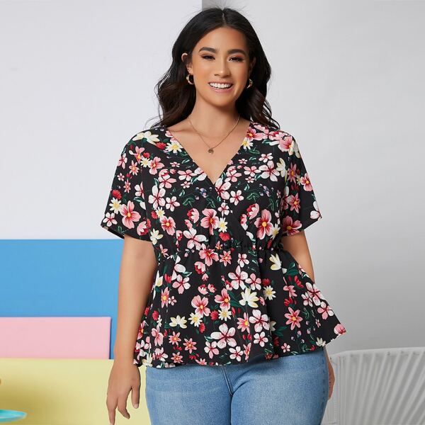 

Plus Allover Floral Print Ruffle Hem Peplum Top, Multicolor