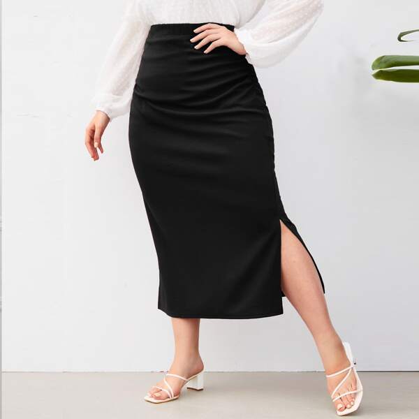 

Plus Solid Side Split Skirt, Black