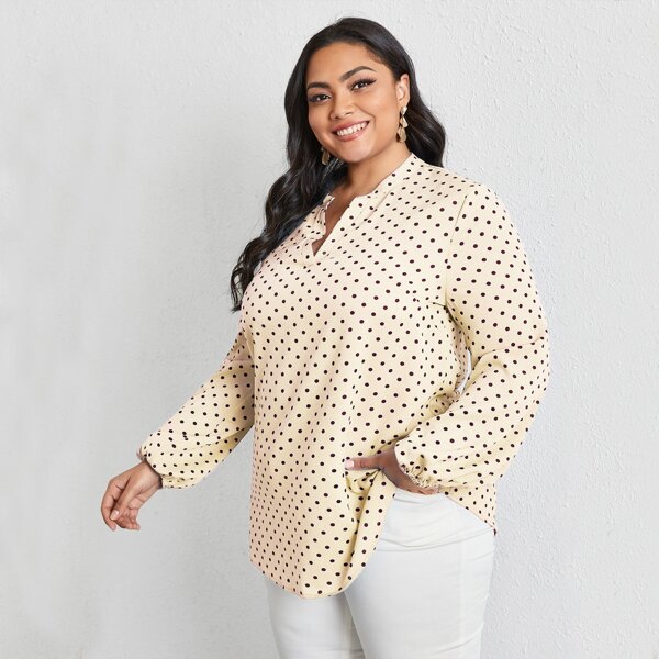 

Plus Polka Dot Notched Neck Bishop Sleeve Blouse, Apricot