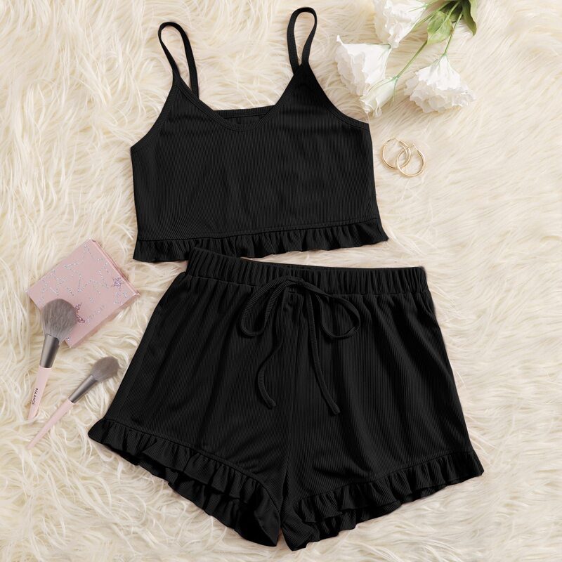 

Solid Ruffle Trim Cami Lounge Set, Black