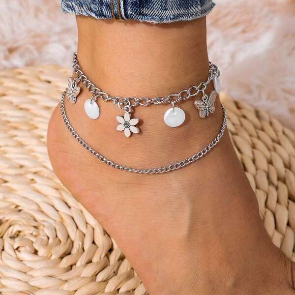 

Butterfly & Flower Charm Layered Anklet, Silver