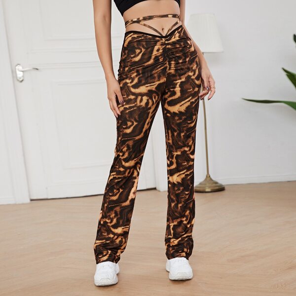 

Crisscross Tie Back Waist Ruched Front Tiger Striped Flare Leg Pants, Multicolor