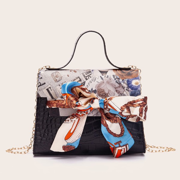 

Twilly Scarf Decor Flap Chain Satchel Bag, Black