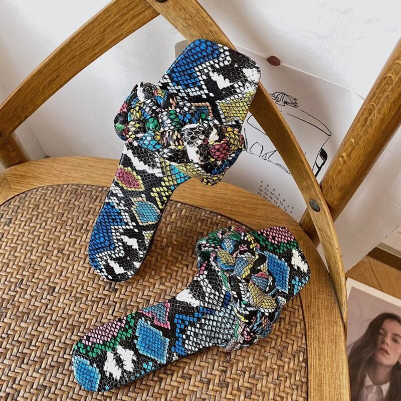 Snakeskin Braided Band Slide Sandals, Multicolor