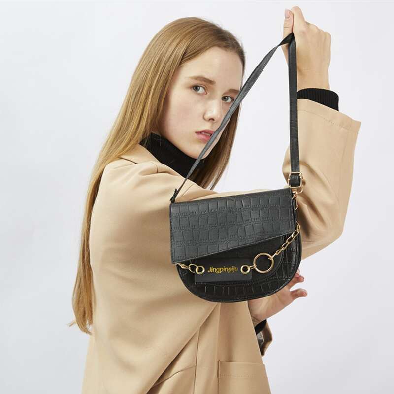 

Croc Embossed Chain Saddle Bag, Black