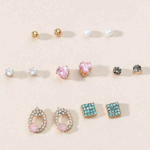 

7pairs Heart & Geometric Design Earrings, Multicolor