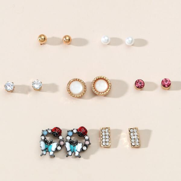 

7pairs Faux Pearl Decor Geometric Design Earrings, Multicolor