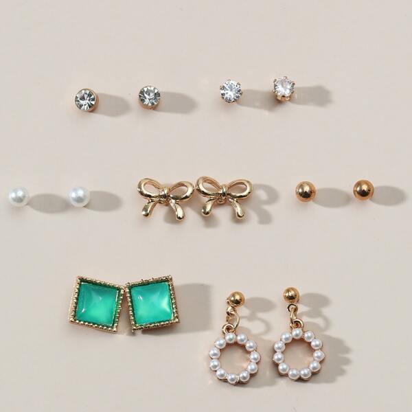 

7pairs Faux Pearl Decor Geometric Design Earrings, Multicolor
