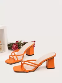 Thin Strap Chunky Heeled Thong Sandals - Orange - View 1
