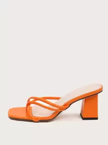 Thin Strap Chunky Heeled Thong Sandals - Orange - View 2