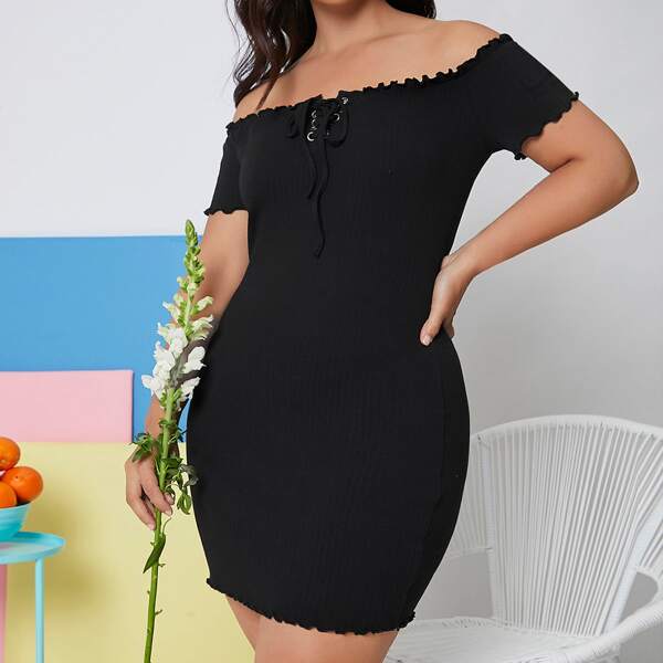 

Plus Off Shoulder Lettuce Trim Grommet Eyelet Front Dress, Black