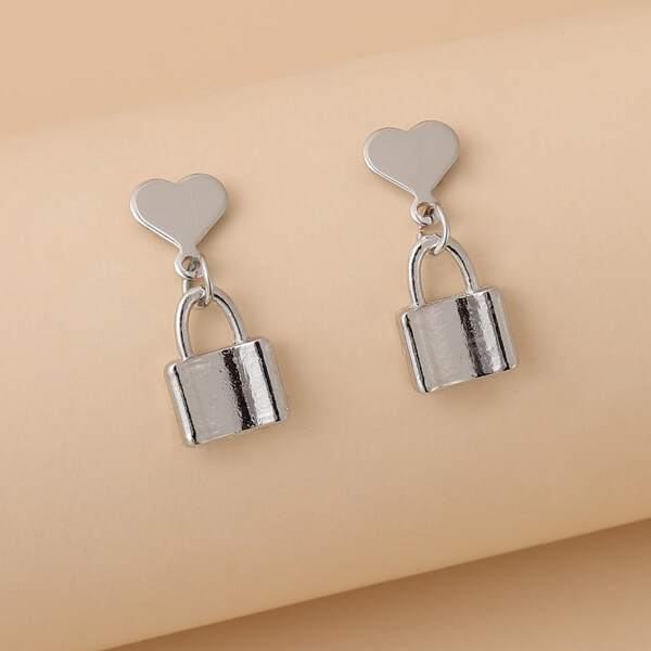 

Lock Drop Earrings, Silver